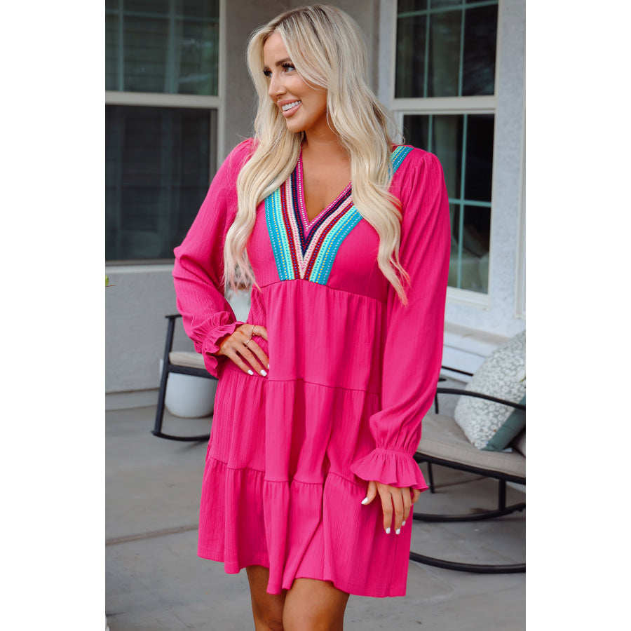 Rose Red Colorful Crochet V Neck Textured Tiered Ruffled Long Sleeve Mini Dress Dresses/Mini Dresses
