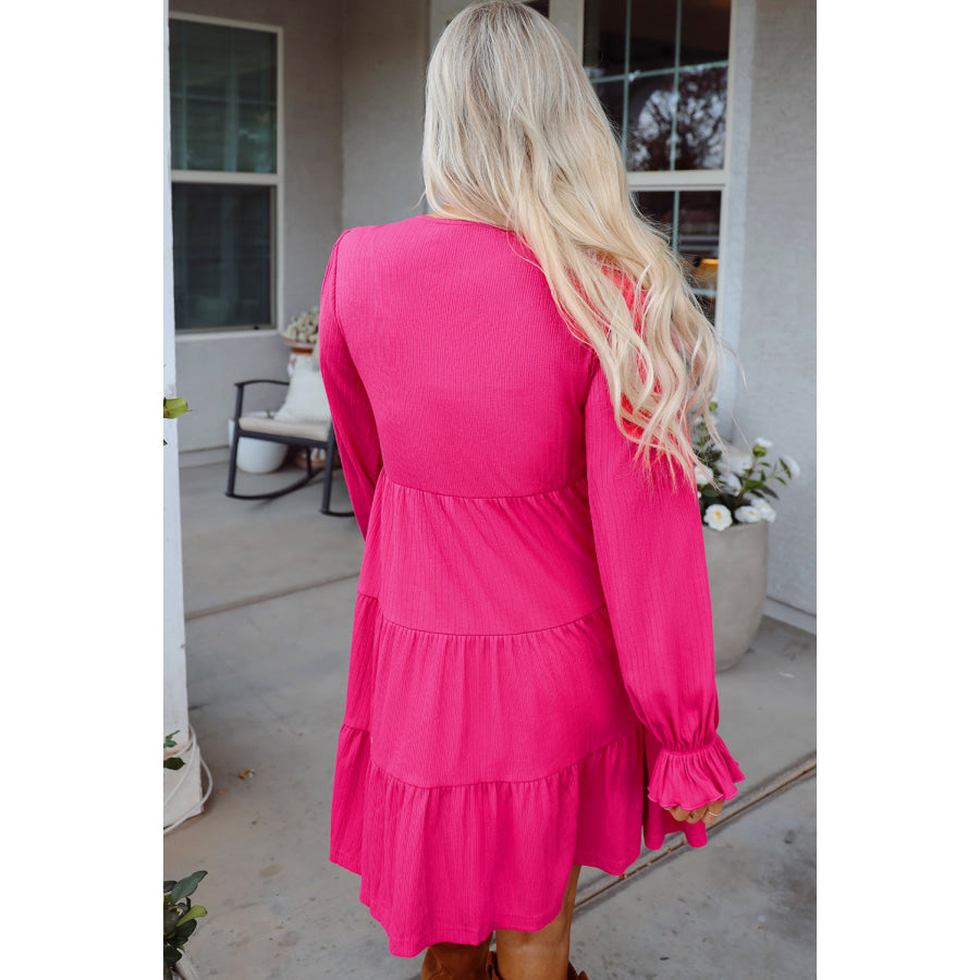Rose Red Colorful Crochet V Neck Textured Tiered Ruffled Long Sleeve Mini Dress Rose Red / S / 95% Polyester + 5% Elastane Dresses/Mini