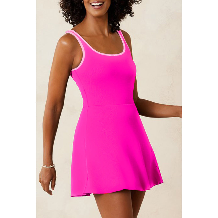 Rose Red Contrast Trim Neckline Active Shorts Attached One Piece Swim Dress Rose Red / S / 85% Polyester + 15% Elastane Swimwear/Swim