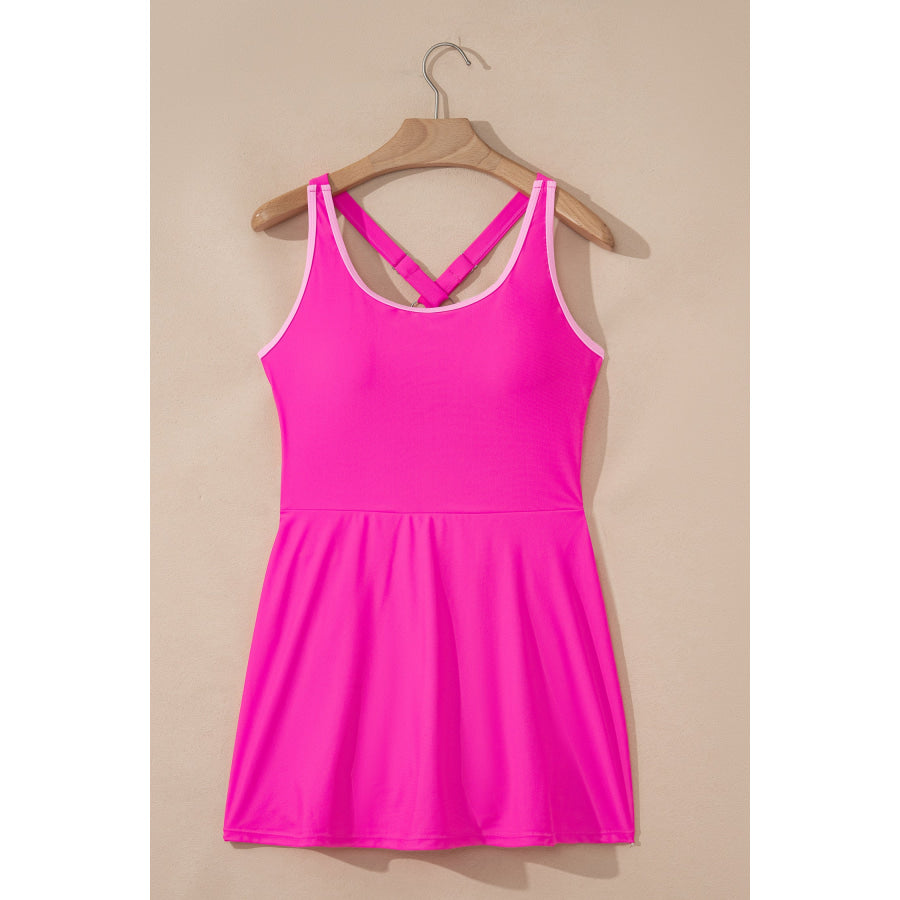 Rose Red Contrast Trim Neckline Active Shorts Attached One Piece Swim Dress Swimwear/Swim Dresses