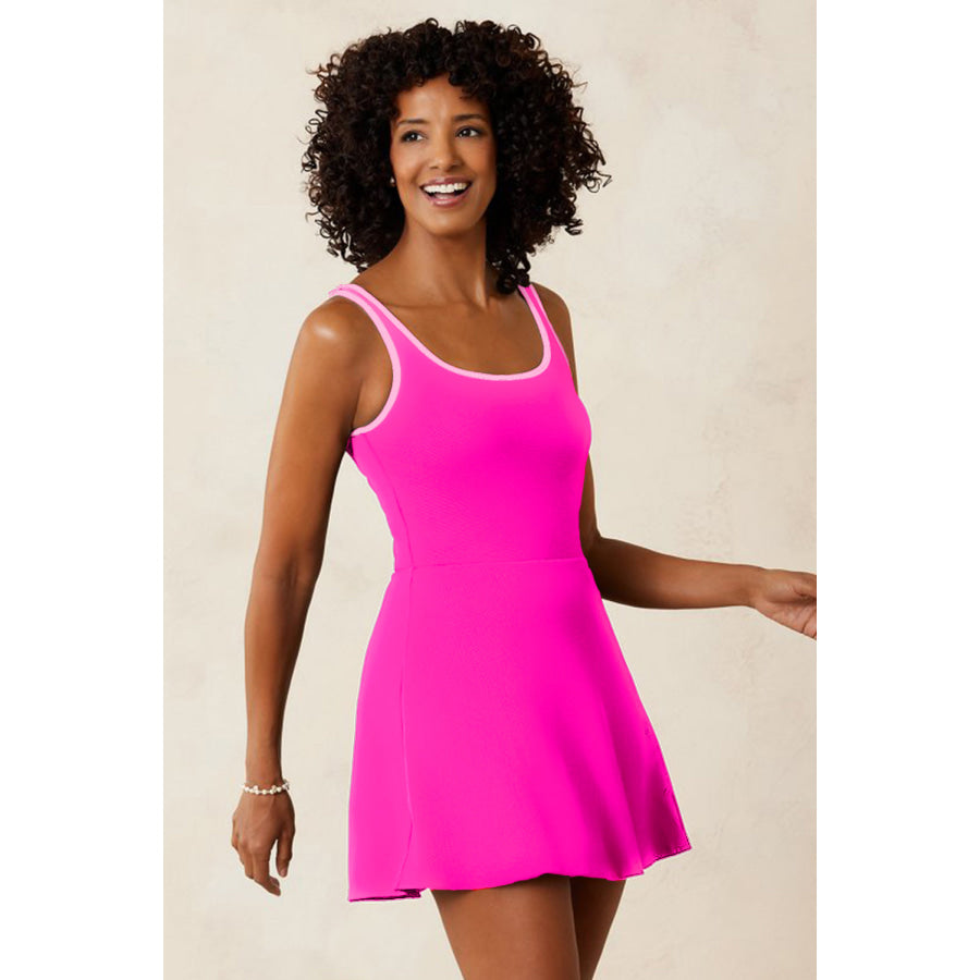 Rose Red Contrast Trim Neckline Active Shorts Attached One Piece Swim Dress Swimwear/Swim Dresses