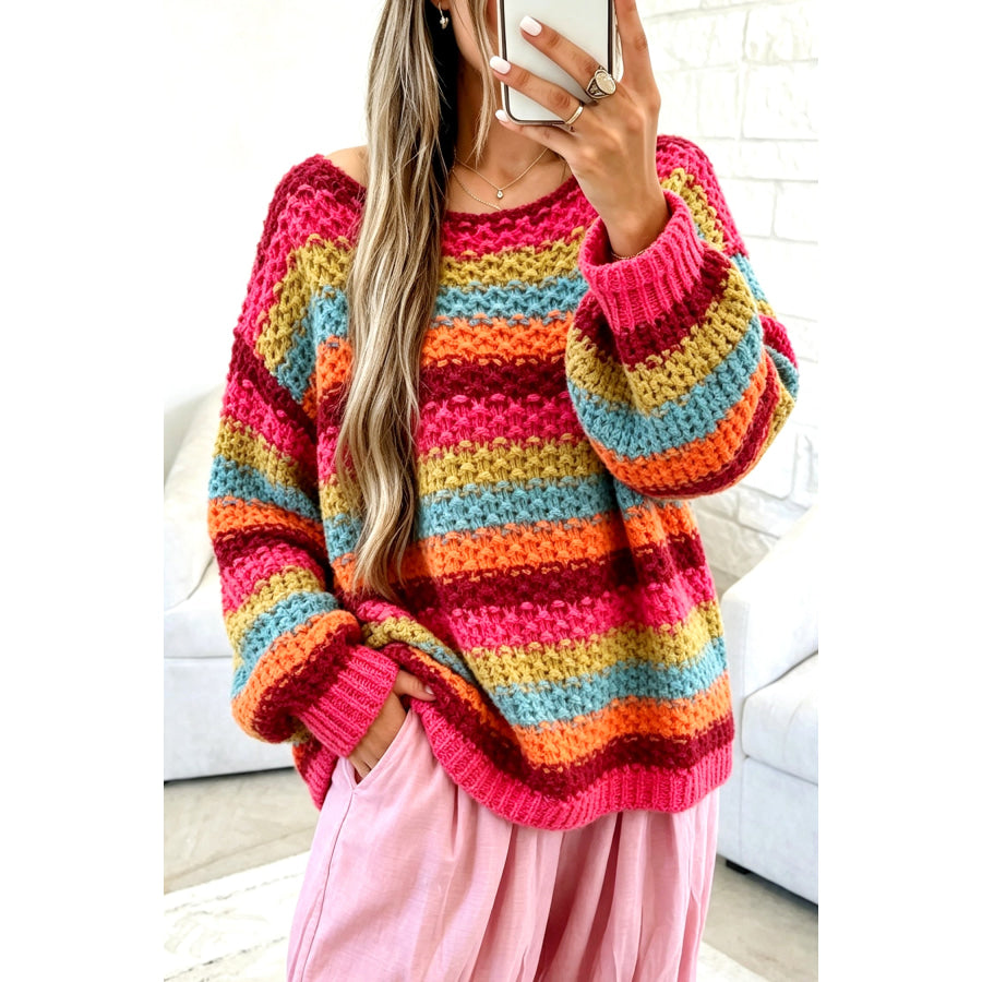 Rose Red Crochet Striped Knit Oversize Sweater / S Sweaters & Cardigans/Sweaters