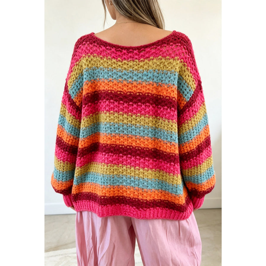 Rose Red Crochet Striped Knit Oversize Sweater Sweaters & Cardigans/Sweaters