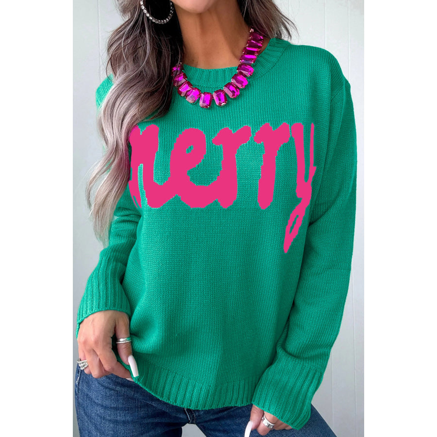 Rose Red Merry Print Ribbed Trim Round Neck Loose Fit Sweater Bright Green / S Sweaters & Cardigans/Sweaters