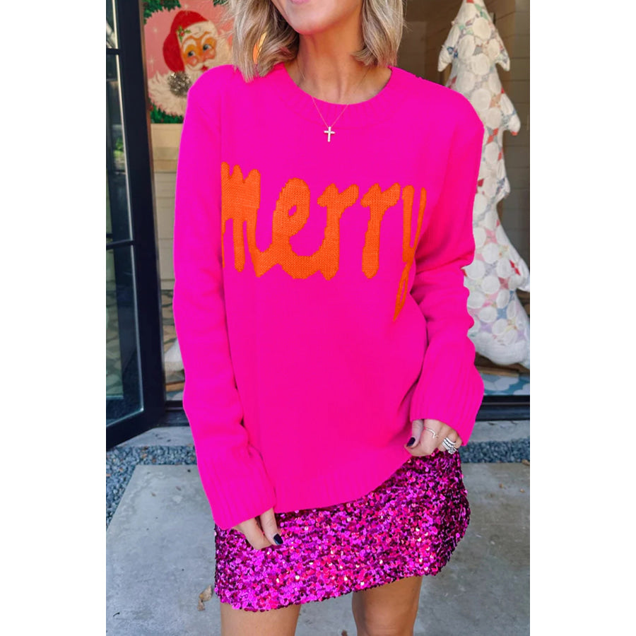 Rose Red Merry Print Ribbed Trim Round Neck Loose Fit Sweater / S Sweaters & Cardigans/Sweaters