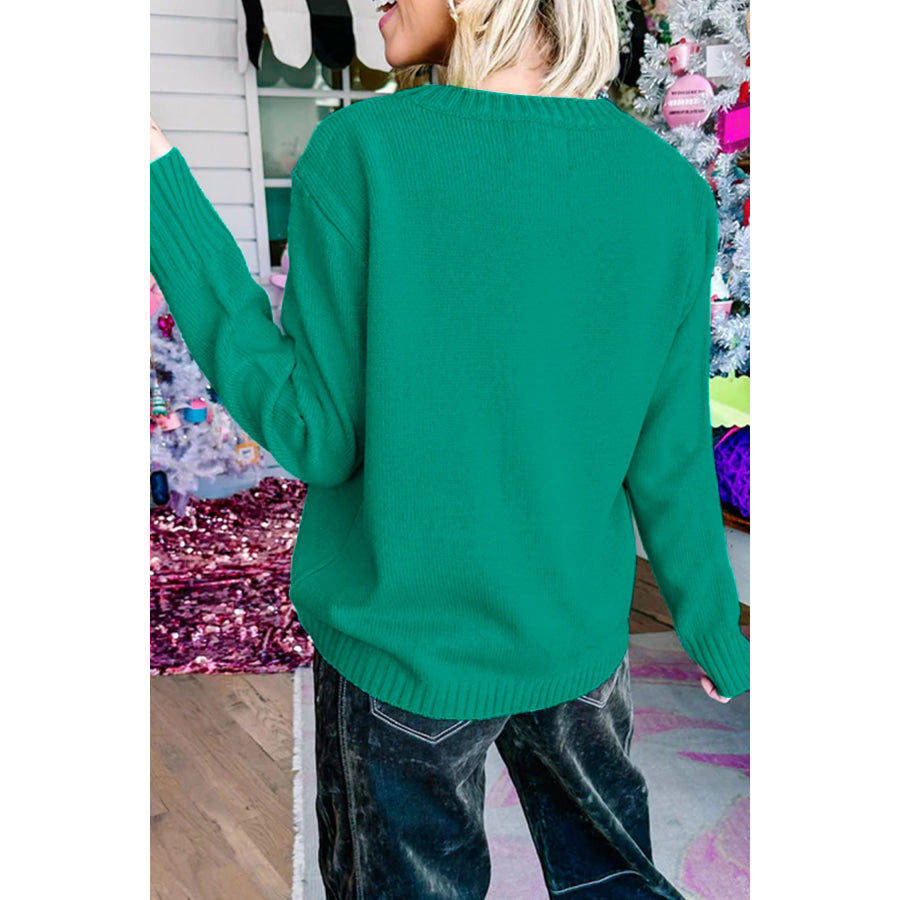 Rose Red Merry Print Ribbed Trim Round Neck Loose Fit Sweater Sweaters & Cardigans/Sweaters