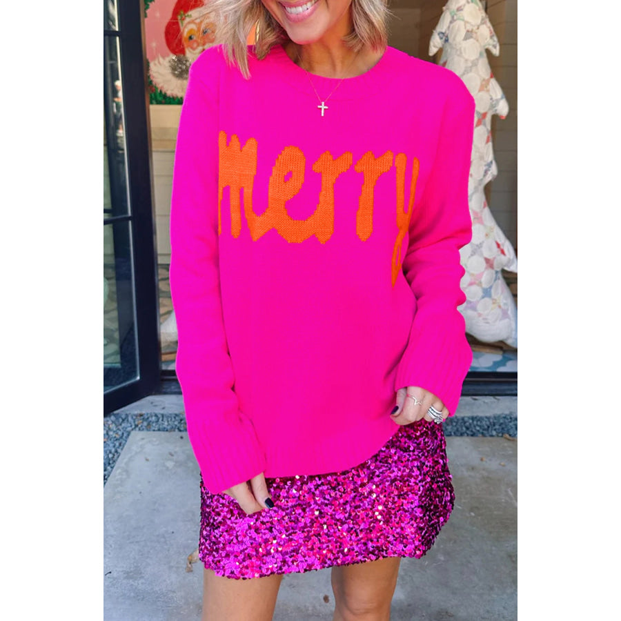 Rose Red Merry Print Ribbed Trim Round Neck Loose Fit Sweater Sweaters & Cardigans/Sweaters