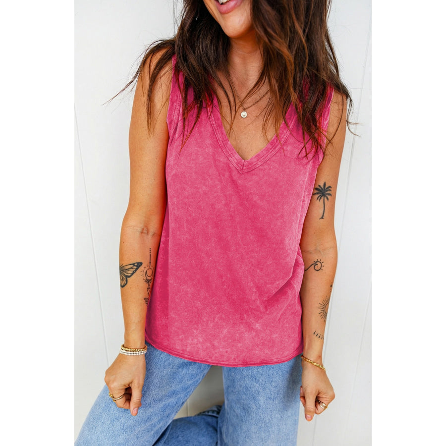 Rose Red Mineral Wash V Neck Tank Top Rose Red / S / 100% Cotton Tops/Tank Tops