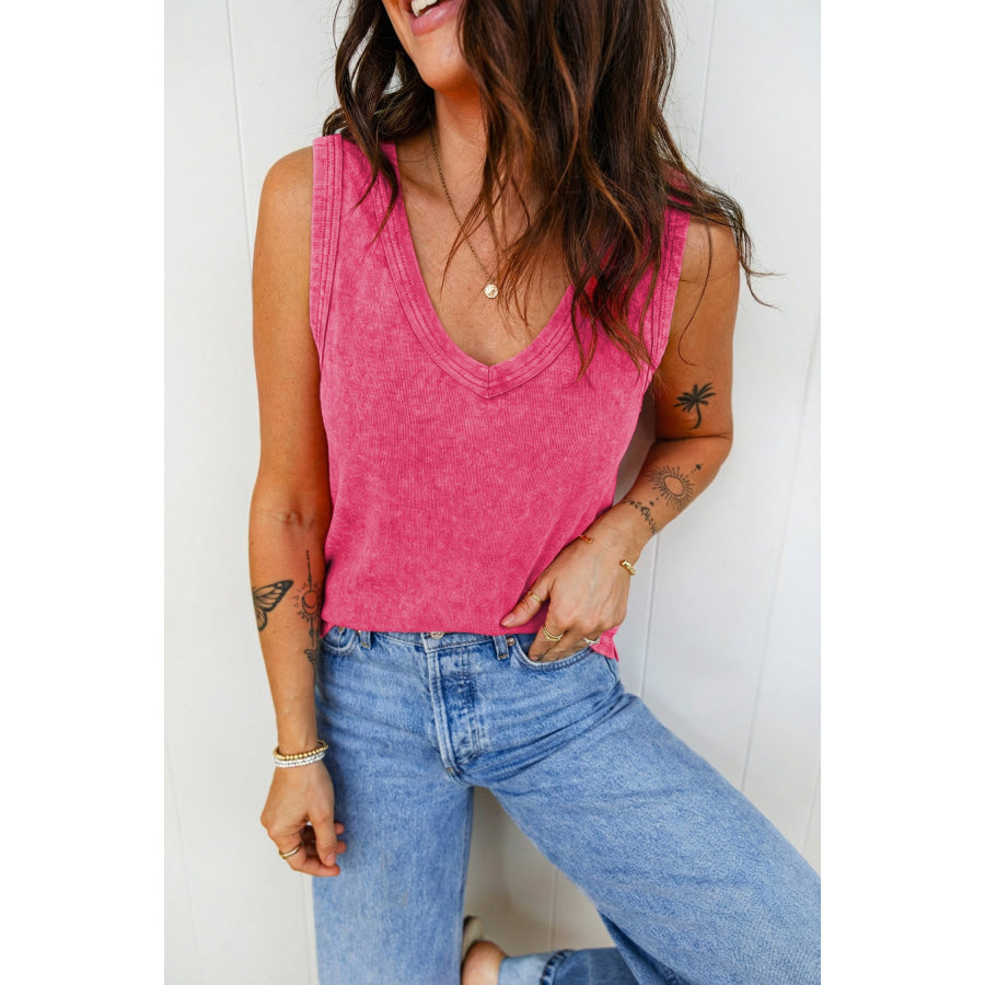 Rose Red Mineral Wash V Neck Tank Top Tops/Tank Tops