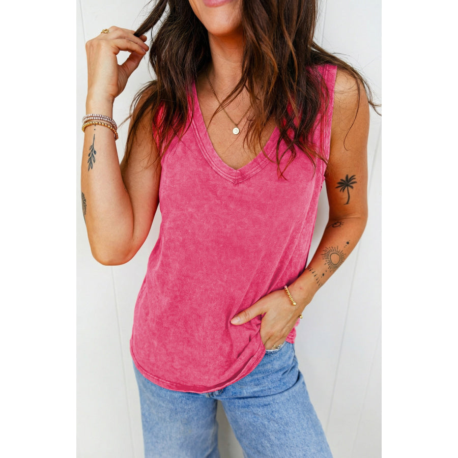 Rose Red Mineral Wash V Neck Tank Top Tops/Tank Tops