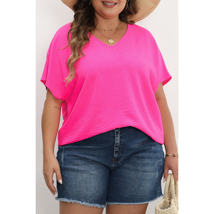 Rose Red Plus Size Crinkled V-Neck Short Sleeve Top Plus Size/Plus Size Tops/Plus Size Tops &amp; Tees