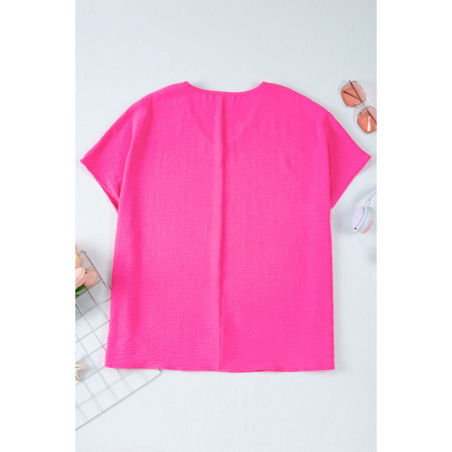 Rose Red Plus Size Crinkled V-Neck Short Sleeve Top Plus Size/Plus Size Tops/Plus Size Tops &amp; Tees