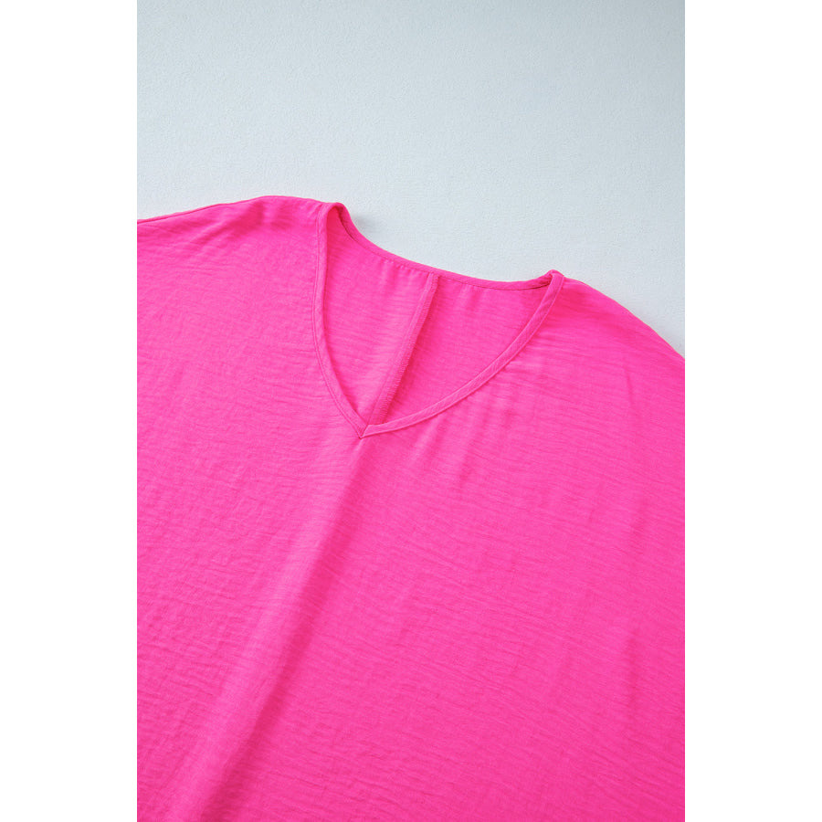 Rose Red Plus Size Crinkled V-Neck Short Sleeve Top Plus Size/Plus Size Tops/Plus Size Tops &amp; Tees