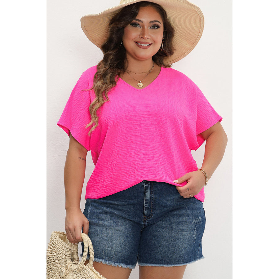 Rose Red Plus Size Crinkled V-Neck Short Sleeve Top Plus Size/Plus Size Tops/Plus Size Tops &amp; Tees