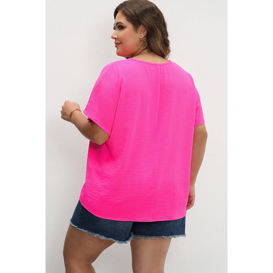 Rose Red Plus Size Crinkled V-Neck Short Sleeve Top Plus Size/Plus Size Tops/Plus Size Tops &amp; Tees