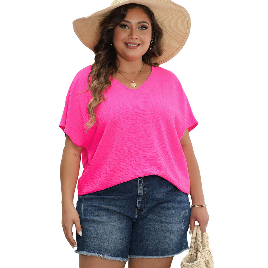 Rose Red Plus Size Crinkled V-Neck Short Sleeve Top Plus Size/Plus Size Tops/Plus Size Tops &amp; Tees