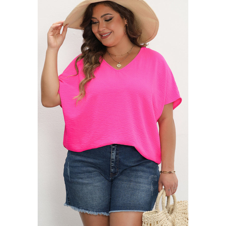 Rose Red Plus Size Crinkled V-Neck Short Sleeve Top Plus Size/Plus Size Tops/Plus Size Tops &amp; Tees