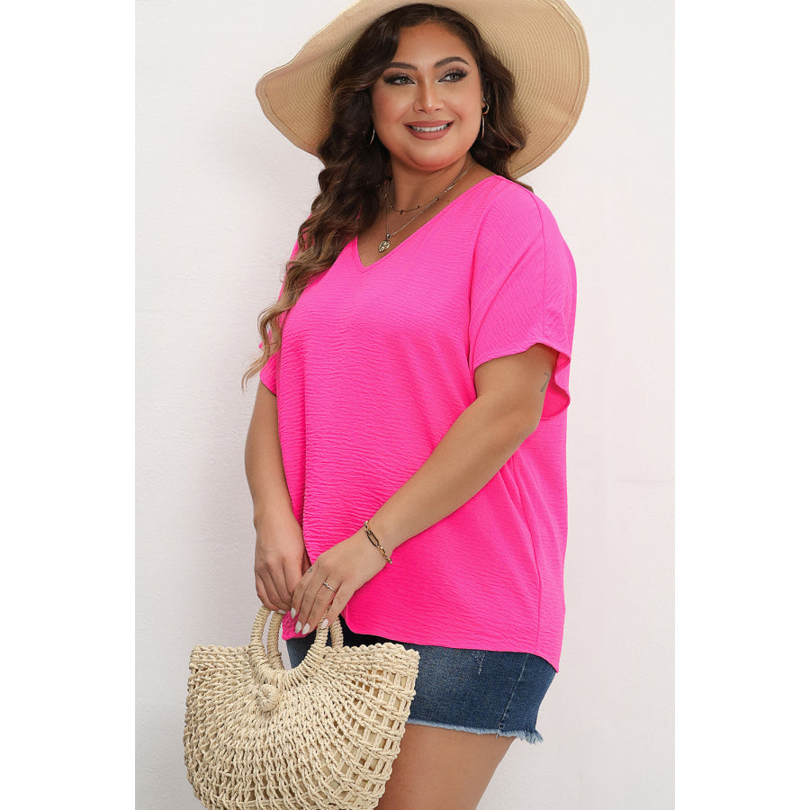 Rose Red Plus Size Crinkled V-Neck Short Sleeve Top Plus Size/Plus Size Tops/Plus Size Tops &amp; Tees