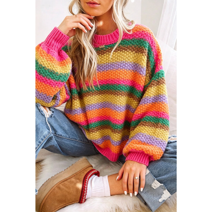 Rose Red Rainbow Striped Knit Round Neck Puff Sleeve Sweater / S Sweaters & Cardigans/Sweaters