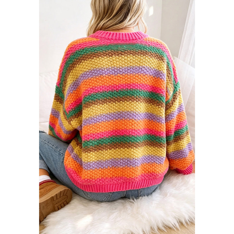 Rose Red Rainbow Striped Knit Round Neck Puff Sleeve Sweater Sweaters & Cardigans/Sweaters