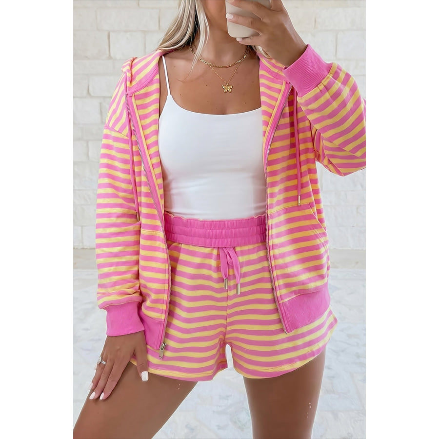 Rose Red Striped Long Sleeve Zip-Up Hoodie Drawstring Elastic Waist 2pcs Short Set Rose Red / S / 95% Cotton + 5% Elastane Two Piece