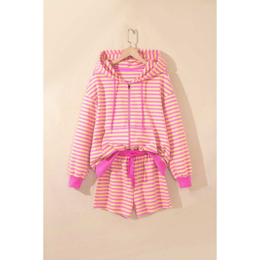 Rose Red Striped Long Sleeve Zip-Up Hoodie Drawstring Elastic Waist 2pcs Short Set Two Piece Sets/Short Sets
