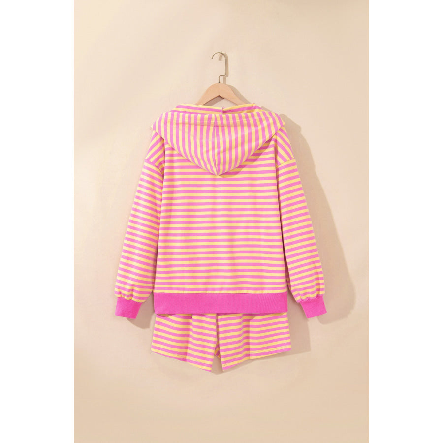 Rose Red Striped Long Sleeve Zip-Up Hoodie Drawstring Elastic Waist 2pcs Short Set Two Piece Sets/Short Sets