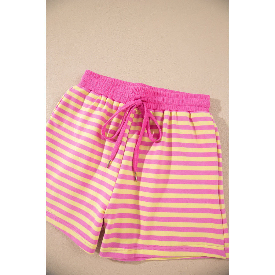 Rose Red Striped Long Sleeve Zip-Up Hoodie Drawstring Elastic Waist 2pcs Short Set Two Piece Sets/Short Sets