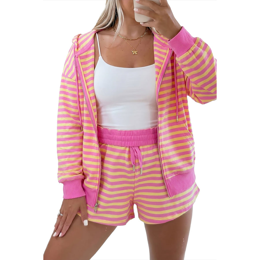 Rose Red Striped Long Sleeve Zip-Up Hoodie Drawstring Elastic Waist 2pcs Short Set Two Piece Sets/Short Sets