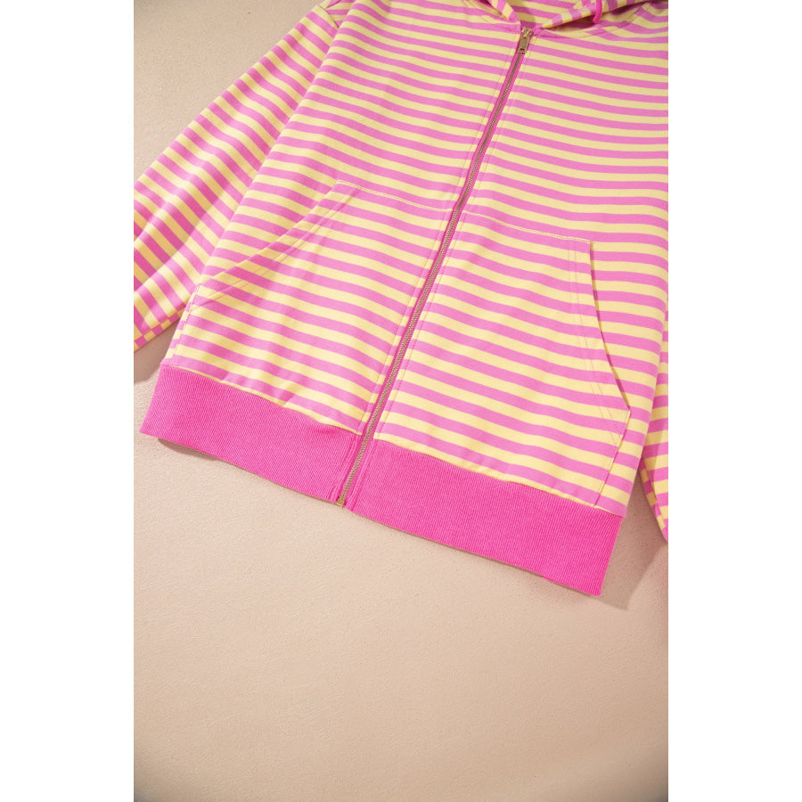 Rose Red Striped Long Sleeve Zip-Up Hoodie Drawstring Elastic Waist 2pcs Short Set Two Piece Sets/Short Sets