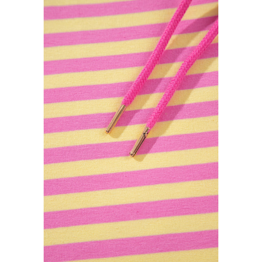 Rose Red Striped Long Sleeve Zip-Up Hoodie Drawstring Elastic Waist 2pcs Short Set Two Piece Sets/Short Sets
