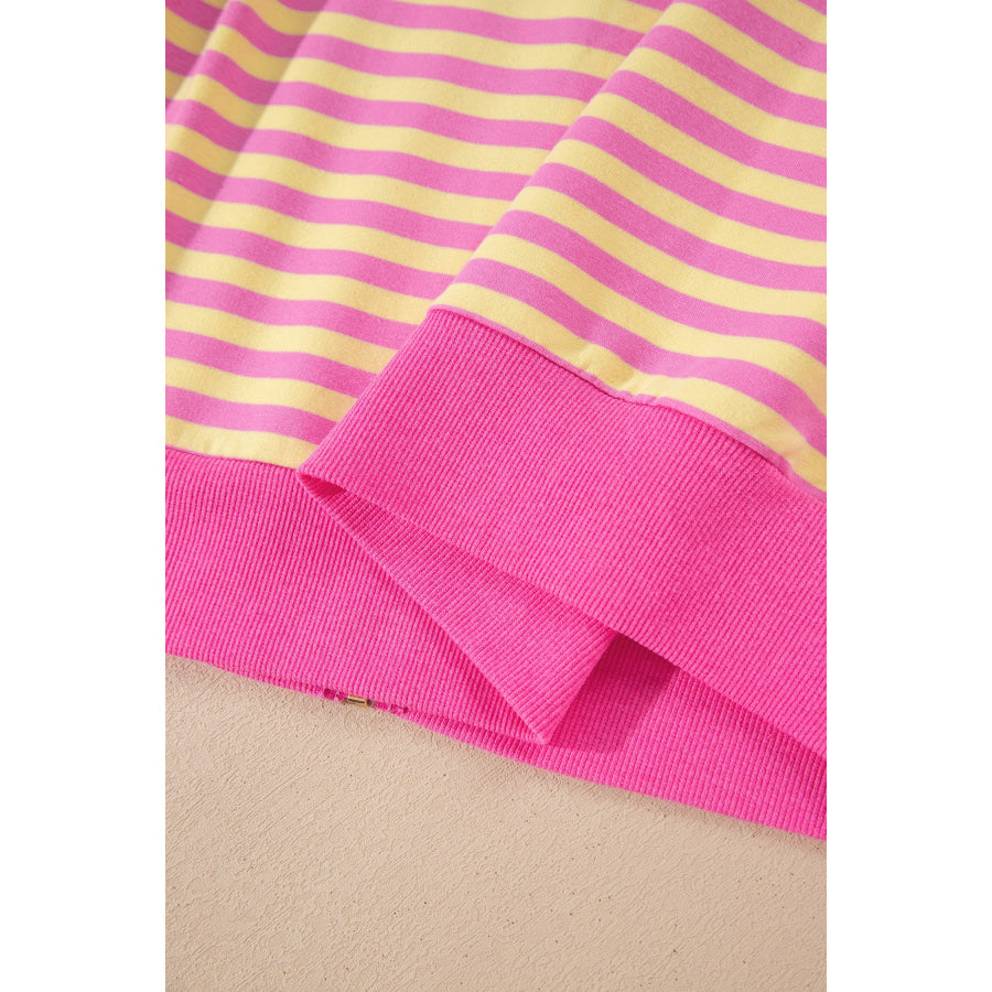 Rose Red Striped Long Sleeve Zip-Up Hoodie Drawstring Elastic Waist 2pcs Short Set Two Piece Sets/Short Sets