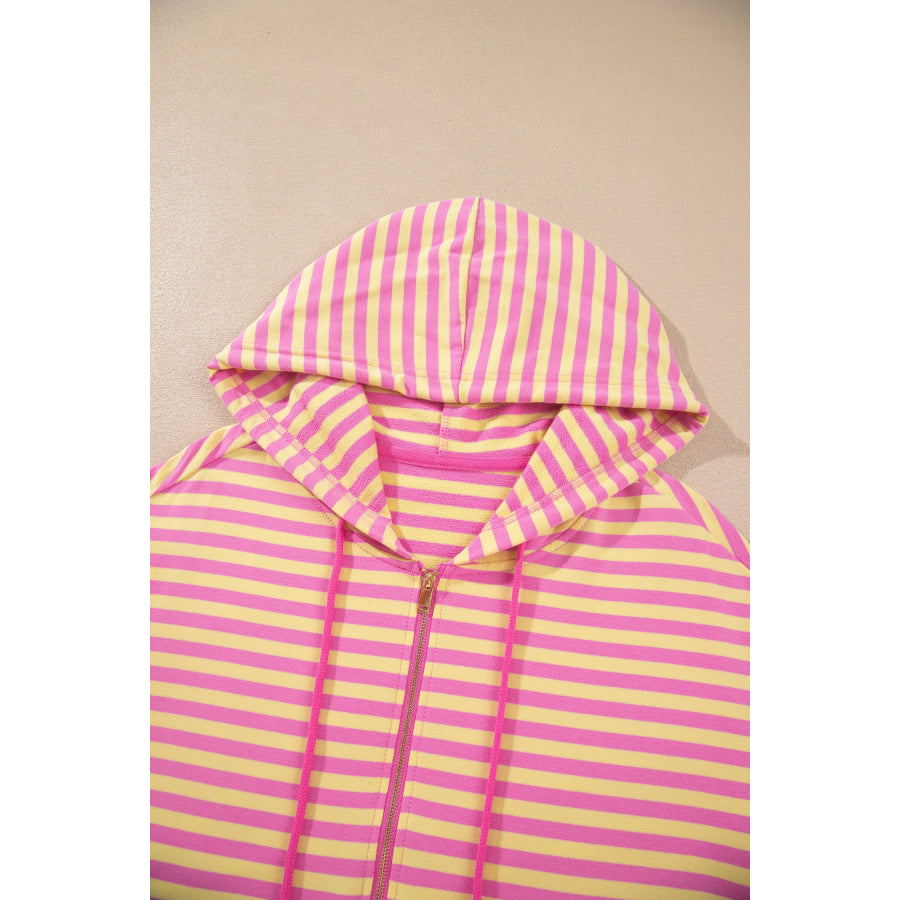 Rose Red Striped Long Sleeve Zip-Up Hoodie Drawstring Elastic Waist 2pcs Short Set Two Piece Sets/Short Sets