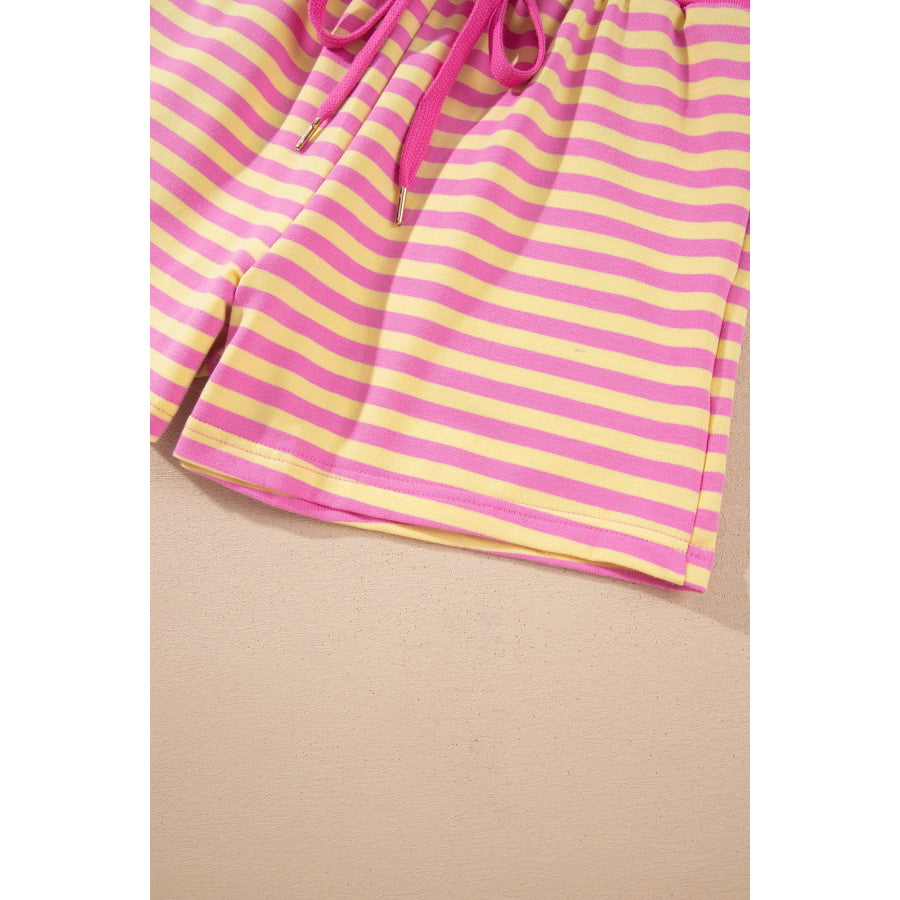 Rose Red Striped Long Sleeve Zip-Up Hoodie Drawstring Elastic Waist 2pcs Short Set Two Piece Sets/Short Sets