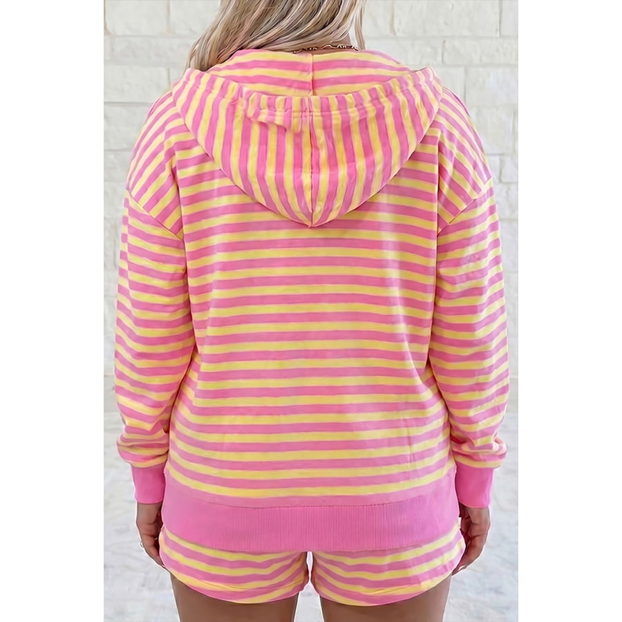 Rose Red Striped Long Sleeve Zip-Up Hoodie Drawstring Elastic Waist 2pcs Short Set Two Piece Sets/Short Sets