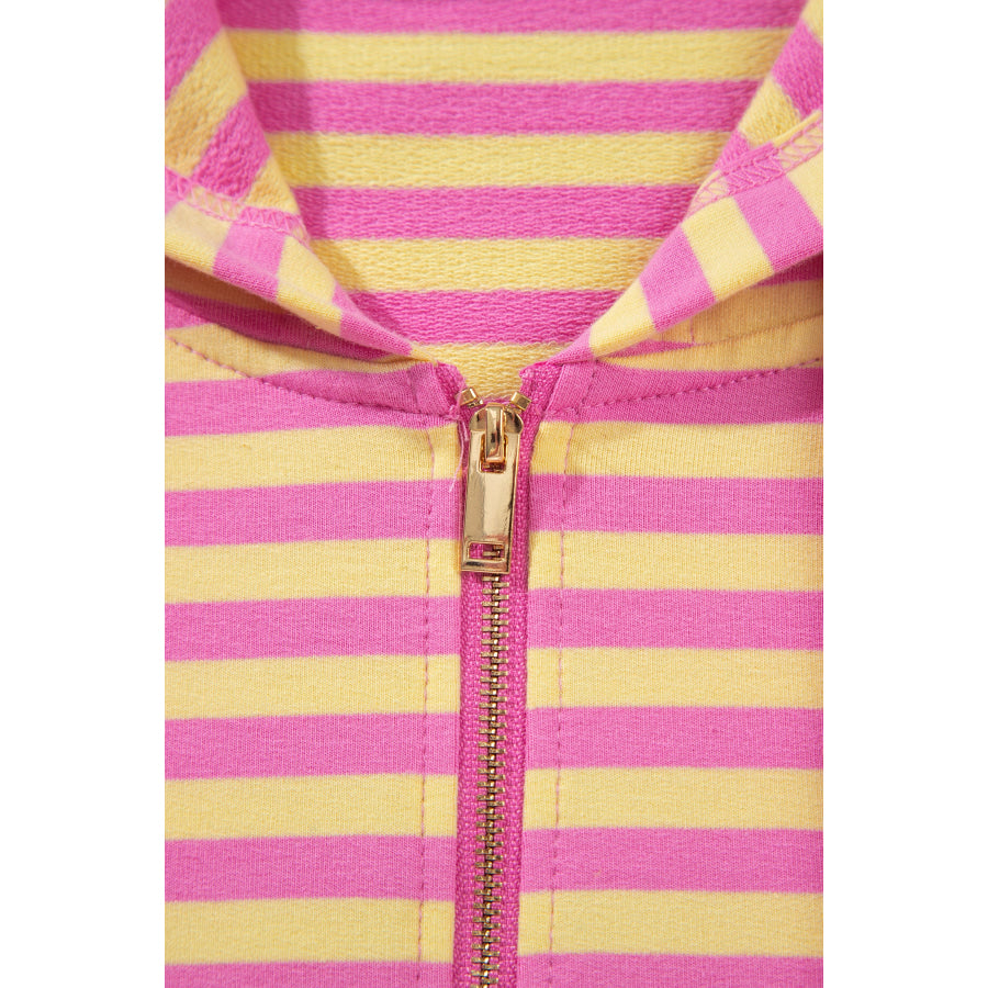 Rose Red Striped Long Sleeve Zip-Up Hoodie Drawstring Elastic Waist 2pcs Short Set Two Piece Sets/Short Sets