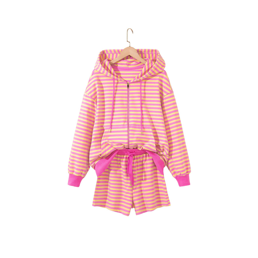 Rose Red Striped Long Sleeve Zip-Up Hoodie Drawstring Elastic Waist 2pcs Short Set Two Piece Sets/Short Sets
