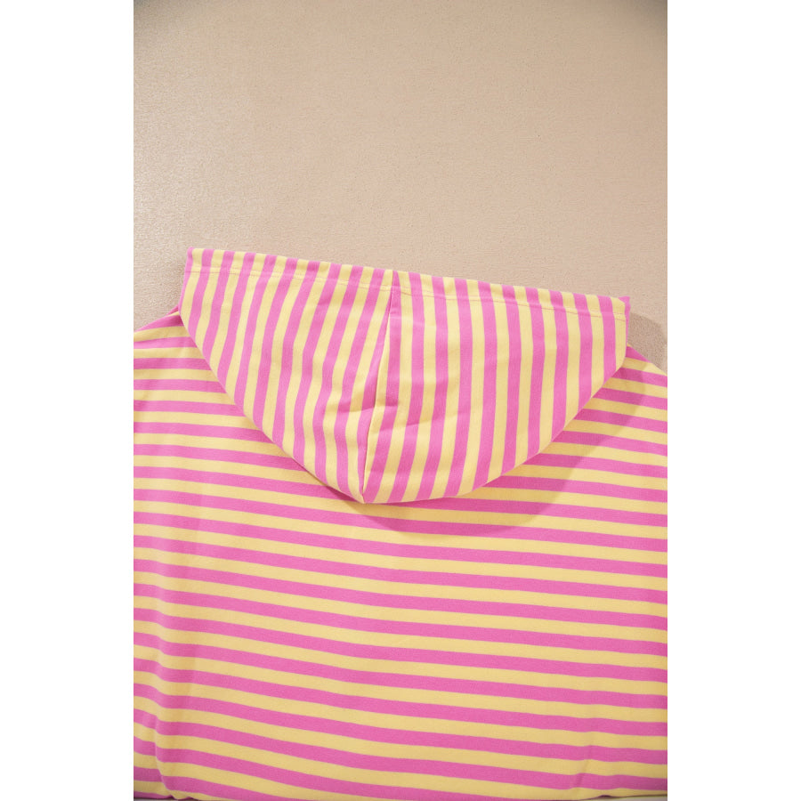 Rose Red Striped Long Sleeve Zip-Up Hoodie Drawstring Elastic Waist 2pcs Short Set Two Piece Sets/Short Sets