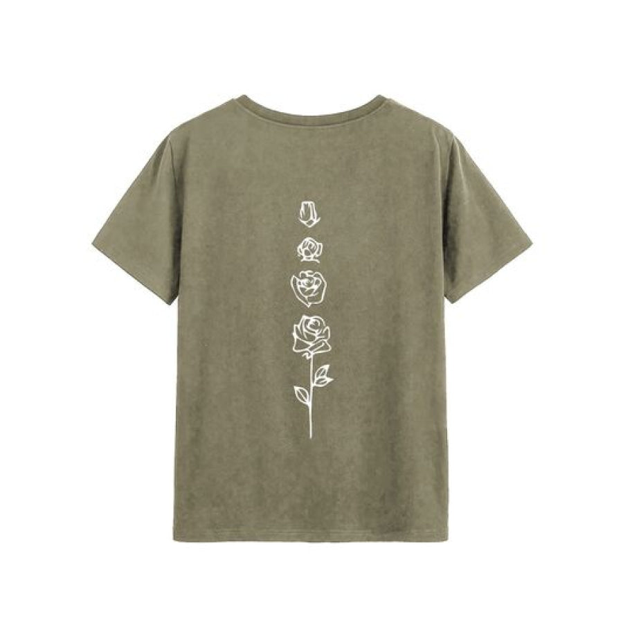 Rose Round Neck Short Sleeve T - Shirt Olive Brown / S Apparel and Accessories