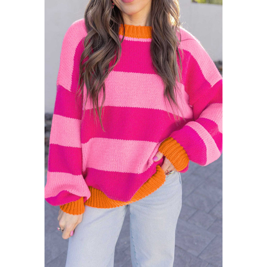 Rose Stripe Casual Colorblock Knit Drop Shoulder Relaxed Sweater Rose Stripe / S Sweaters & Cardigans/Sweaters