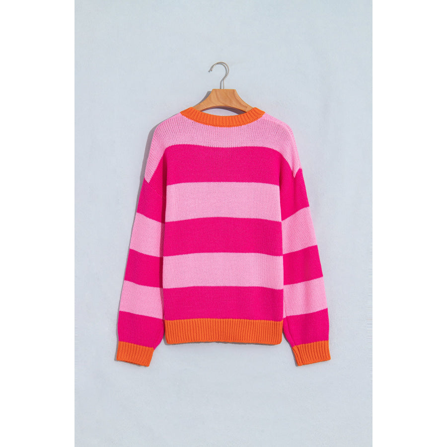 Rose Stripe Casual Colorblock Knit Drop Shoulder Relaxed Sweater Sweaters & Cardigans/Sweaters