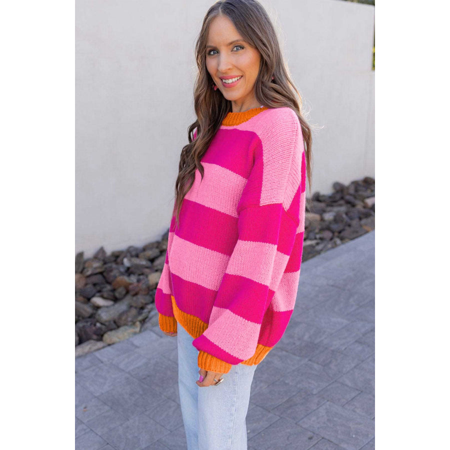 Rose Stripe Casual Colorblock Knit Drop Shoulder Relaxed Sweater Sweaters & Cardigans/Sweaters