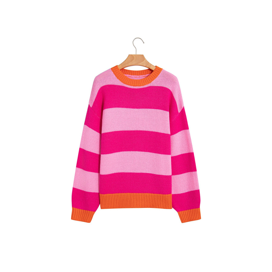 Rose Stripe Casual Colorblock Knit Drop Shoulder Relaxed Sweater Sweaters & Cardigans/Sweaters