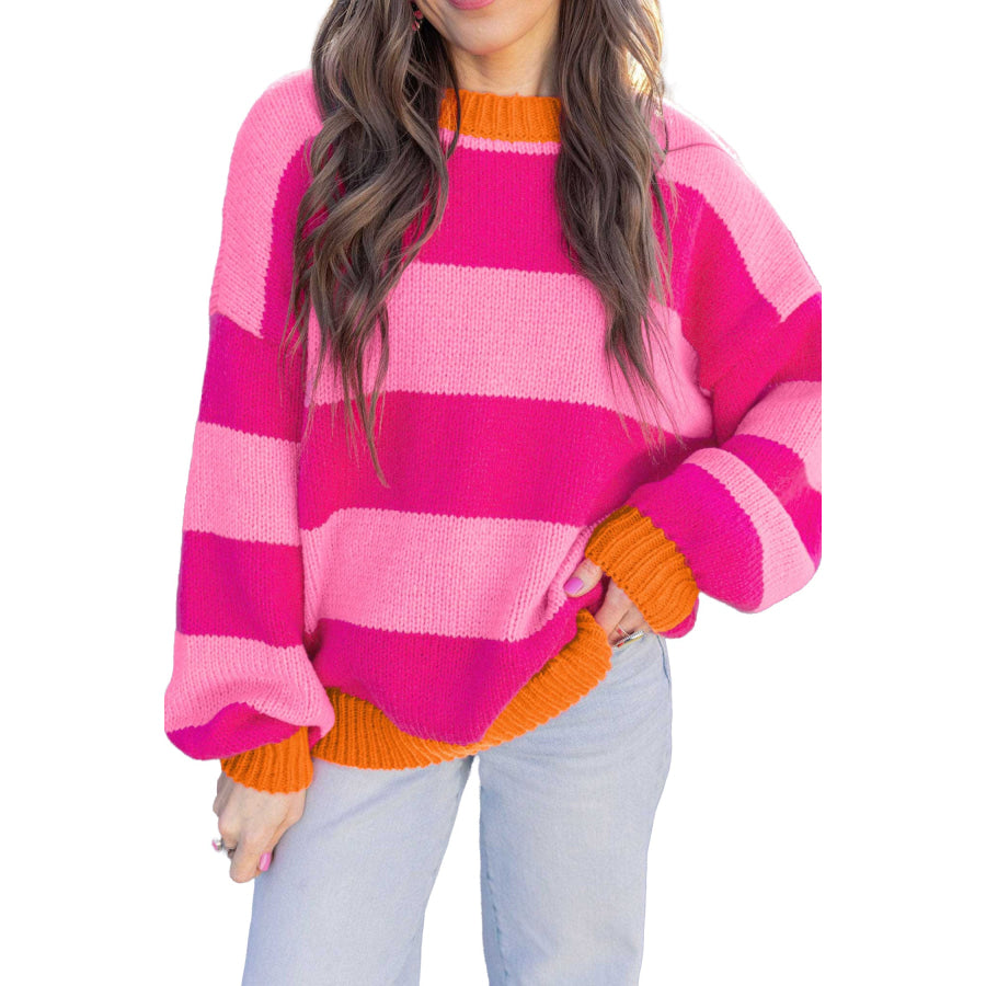 Rose Stripe Casual Colorblock Knit Drop Shoulder Relaxed Sweater Sweaters & Cardigans/Sweaters
