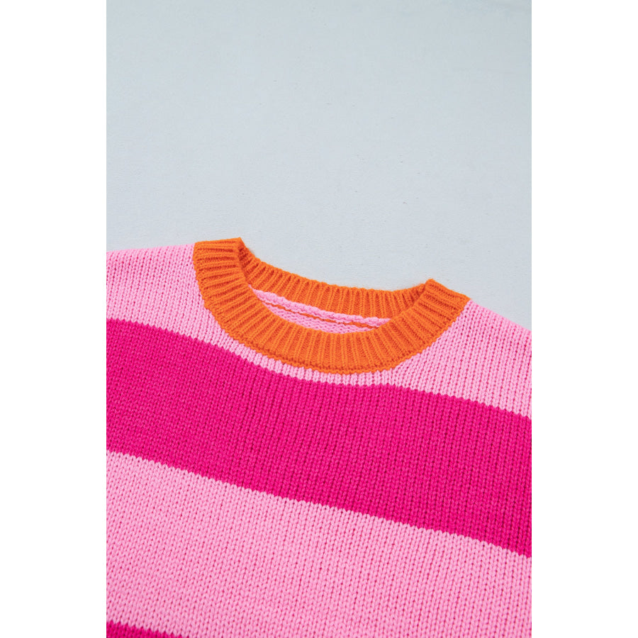 Rose Stripe Casual Colorblock Knit Drop Shoulder Relaxed Sweater Sweaters & Cardigans/Sweaters