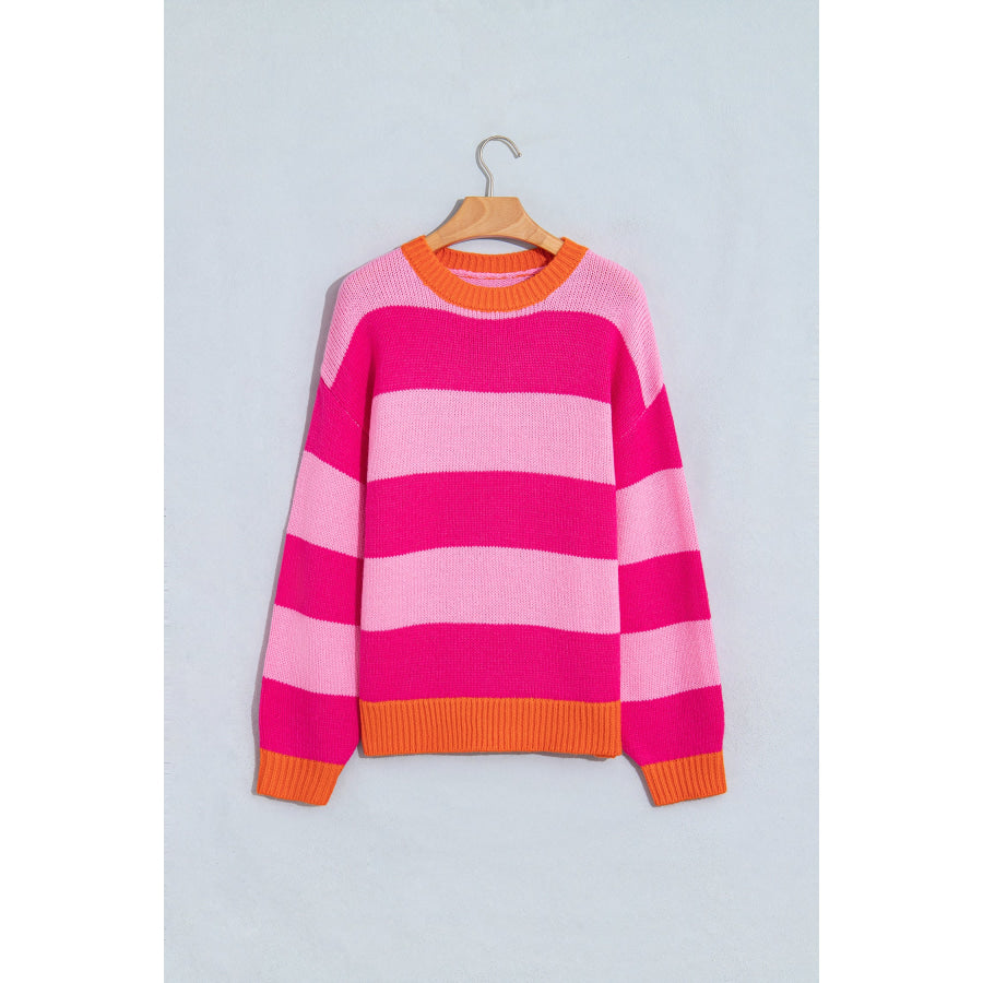 Rose Stripe Casual Colorblock Knit Drop Shoulder Relaxed Sweater Sweaters & Cardigans/Sweaters