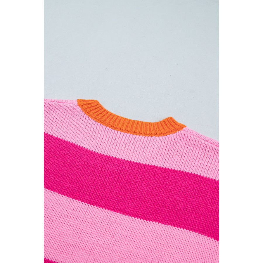 Rose Stripe Casual Colorblock Knit Drop Shoulder Relaxed Sweater Sweaters & Cardigans/Sweaters