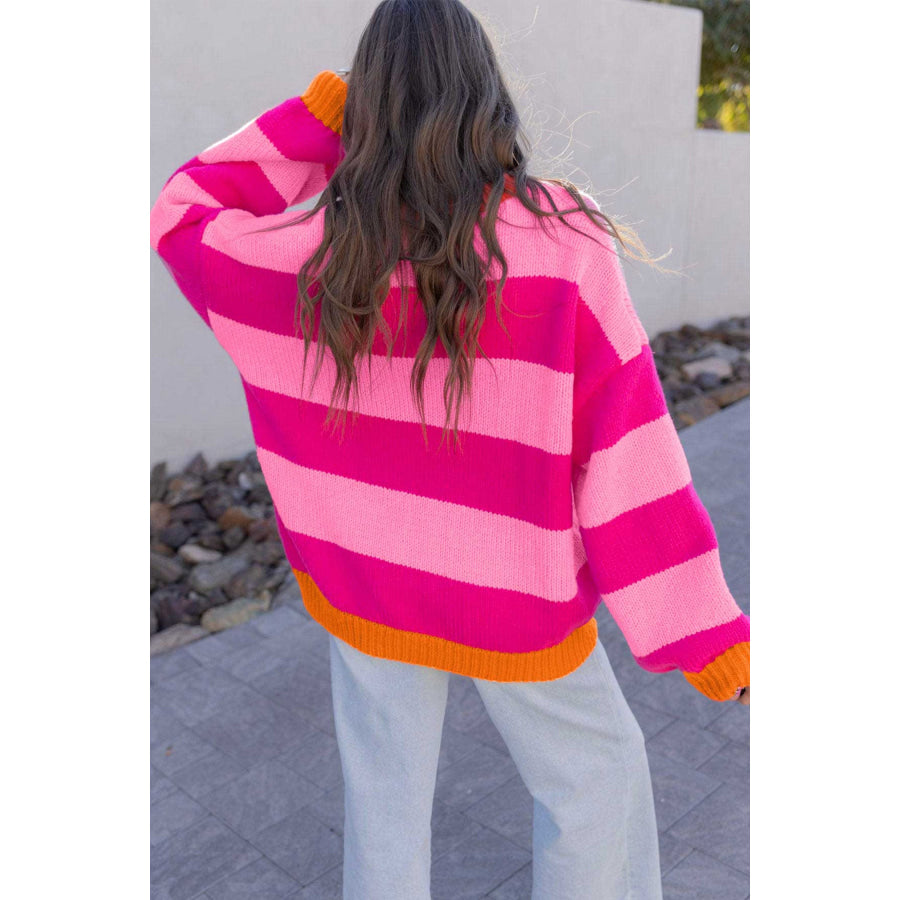 Rose Stripe Casual Colorblock Knit Drop Shoulder Relaxed Sweater Sweaters & Cardigans/Sweaters