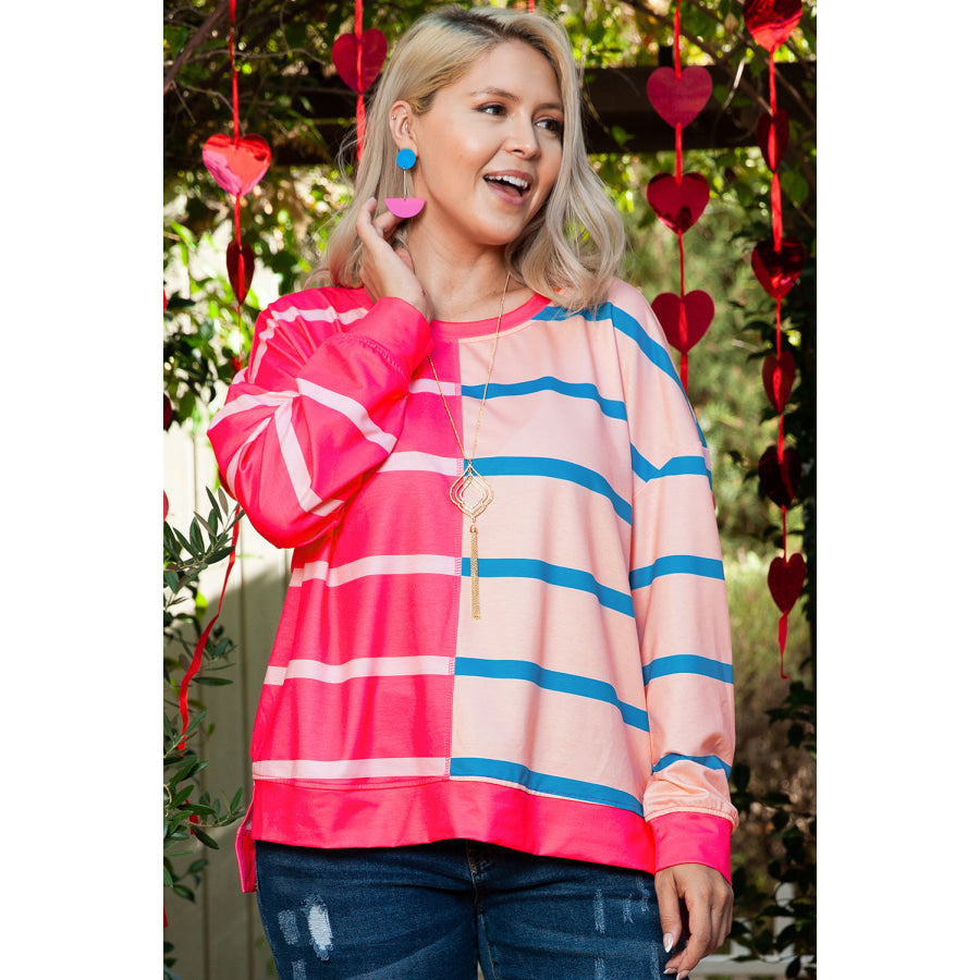 Rose Stripe Color Block Crewneck Long Sleeve Plus Size T Shirt Rose Stripe / 1X / 95% Polyester + 5% Elastane Sale (50% OFF)/Sale (50% OFF)