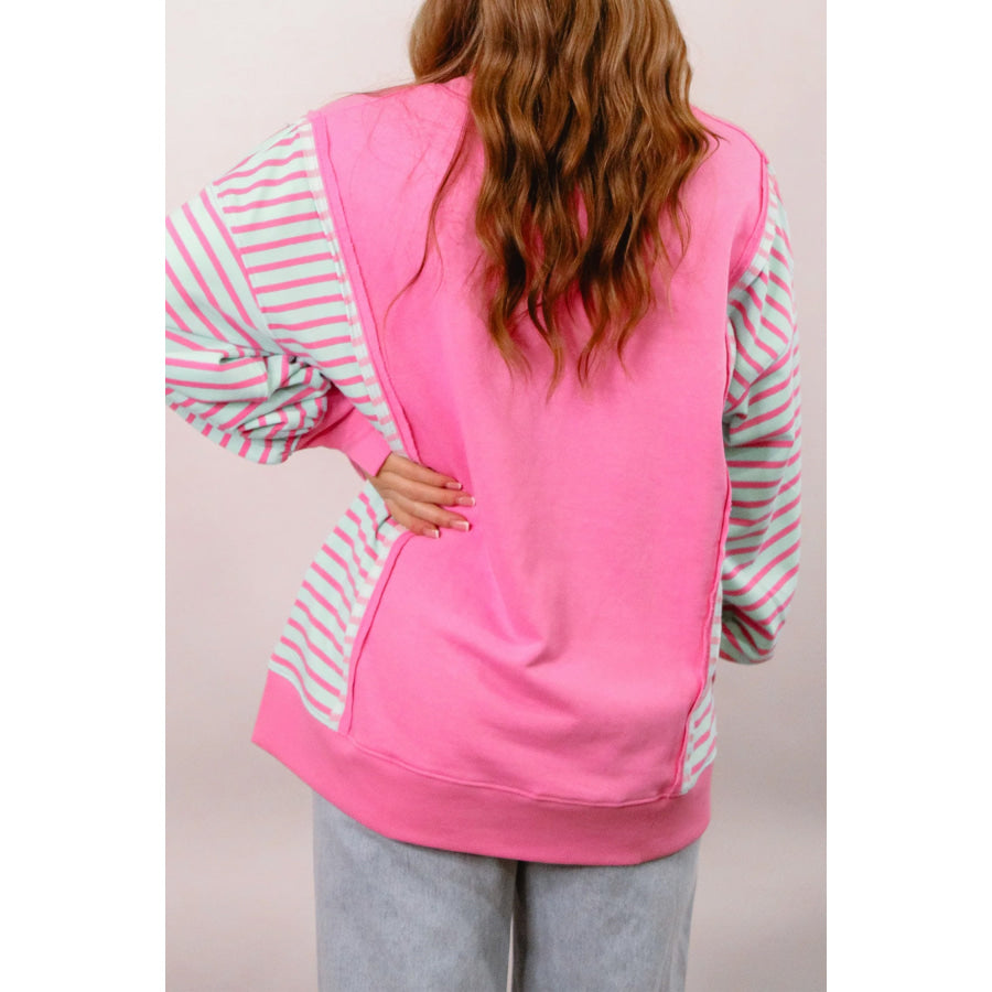 Rose Stripe Color Block Patchwork Relaxed Split Long Sleeve Top Rose Stripe / S Tops/Long Sleeve Tops